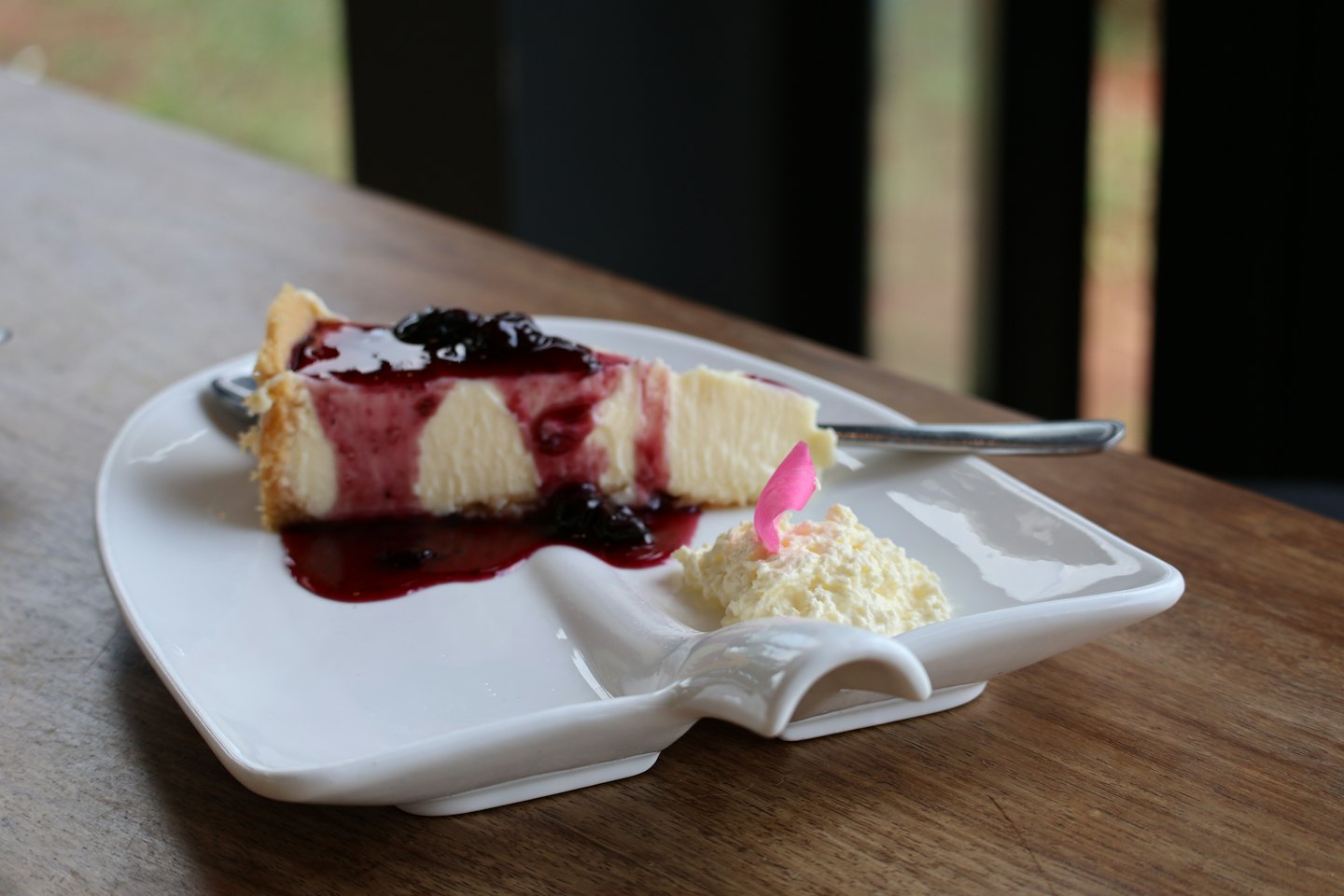 Tarta de queso con arándanos, salsa de bayas y nata montada en un plato.